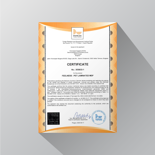 Feelness PET Laminated MDF Certificate